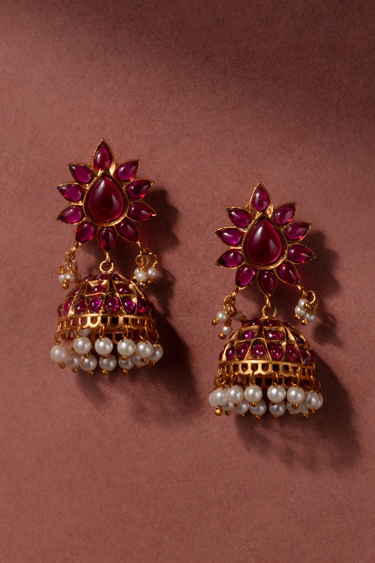 Gold Plated Synthetic Stone & Pearl Temple Jhumka Earrings