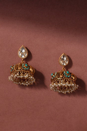 Gold Finish Turquoise Stone & Pearl Jhumka Earrings