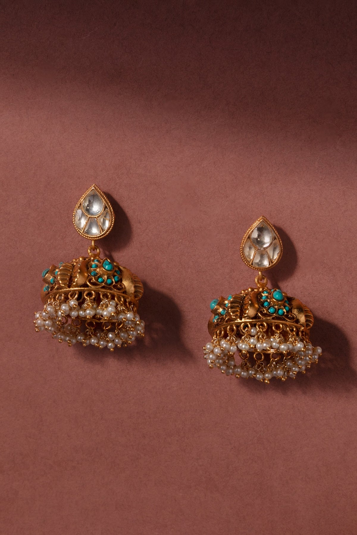 Gold Finish Turquoise Stone & Pearl Jhumka Earrings