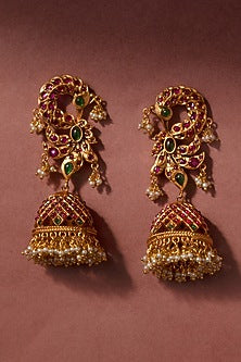 Gold Finish Synthetic Stones & Pearl Temple Jhumka Earrings