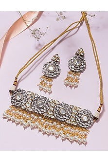 Two Tone Finish Kundan Polki & Pearl Choker Necklace Set