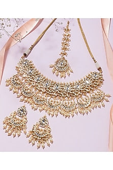Gold Finish Kundan Polki & Pearl Choker Necklace Set