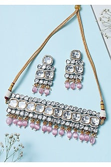Two Tone Finish Kundan Polki & Pearl Choker Necklace Set