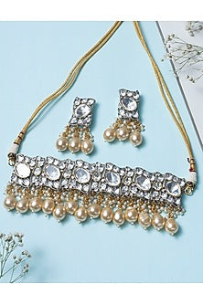 Black Rhodium Finish Kundan Polki & Pearl Choker Necklace Set