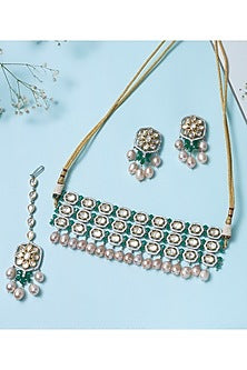 Black Rhodium Finish Kundan Polki & Pearl Choker Necklace Set