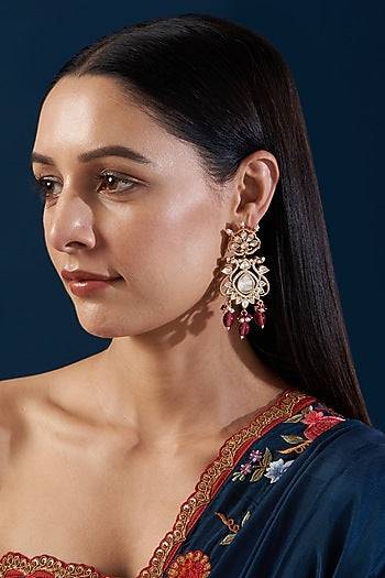 Black Rhodium Finish Kundan Poki & Ruby Dangler Earrings