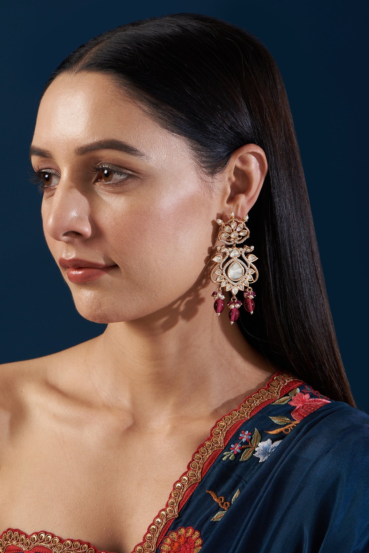 Black Rhodium Finish Kundan Poki & Ruby Dangler Earrings