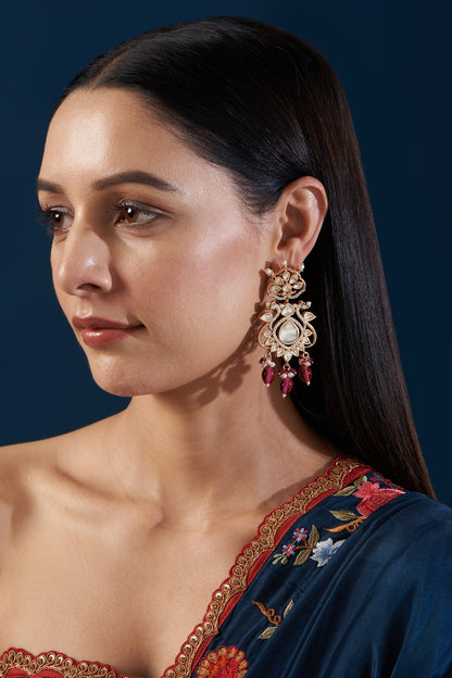 Black Rhodium Finish Kundan Poki & Ruby Dangler Earrings