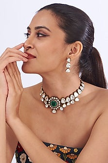 Black Rhodium Finish Green Kundan Polki Necklace Set