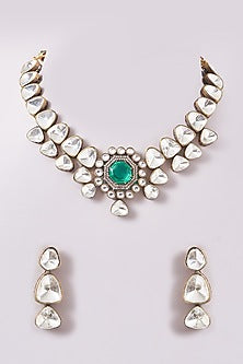 Black Rhodium Finish Green Kundan Polki Necklace Set