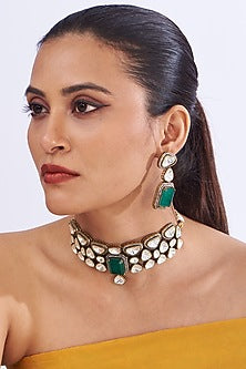 Black Rhodium Finish Green Kundan Polki Choker Necklace Set