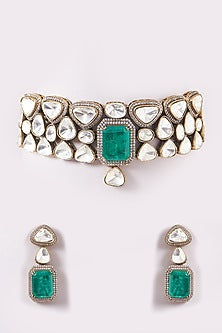 Black Rhodium Finish Green Kundan Polki Choker Necklace Set