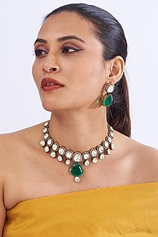 Black Rhodium Finish Green Kundan Polki Necklace Set