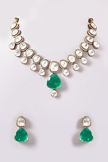 Black Rhodium Finish Green Kundan Polki Necklace Set