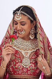 Gold Finish Kundan Polki & Pearl Drop Long Necklace Set