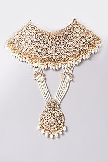 Gold Finish Kundan Polki & Pearl Drop Long Necklace Set