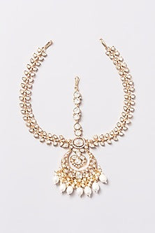 Gold Finish Kundan Polki & Pearl Drop Long Necklace Set