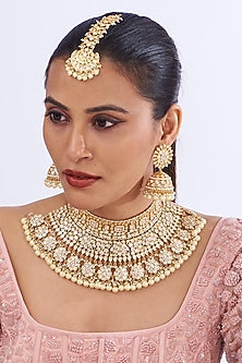Gold Finish Kundan Polki & Pearl Drop Necklace Set