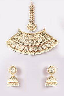 Gold Finish Kundan Polki & Pearl Drop Necklace Set