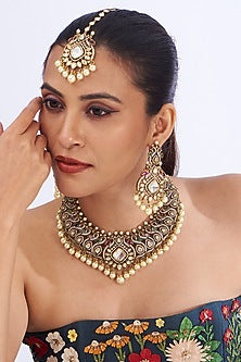 Black Rhodium Finish Kundan Polki & Pearl Necklace Set