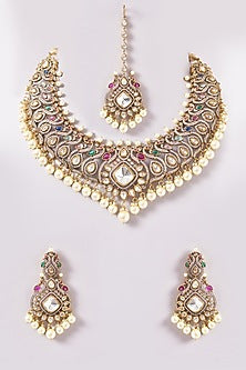 Black Rhodium Finish Kundan Polki & Pearl Necklace Set