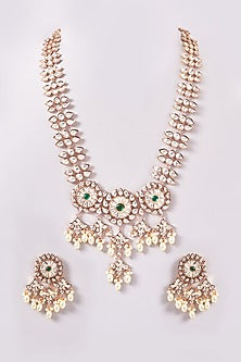Gold Plated Kundan Polki & Pearl Long Necklace Set