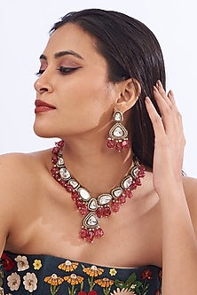 Black Rhodium Finish Kundan Polki & Red Pearl Necklace Set