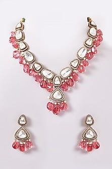 Black Rhodium Finish Kundan Polki & Red Pearl Necklace Set