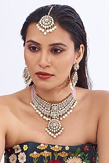 Black Rhodium Finish Kundan Polki & Pink Pearl Necklace Set