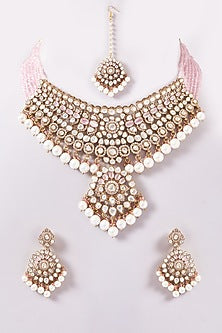 Black Rhodium Finish Kundan Polki & Pink Pearl Necklace Set
