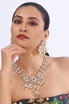 Gold Plated Kundan Polki & Pearl Long Necklace Set