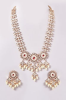 Gold Plated Kundan Polki & Pearl Long Necklace Set