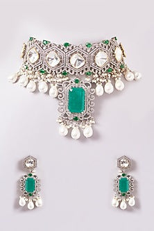 White Finish Zircon & Emerald Stone Choker Necklace Set