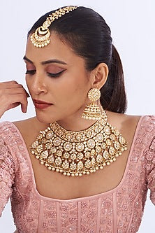 Gold Finish Kundan Polki & Pearl Drop Necklace Set