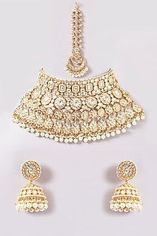Gold Finish Kundan Polki & Pearl Drop Necklace Set