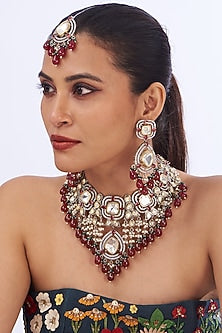 Black Rhodium Finish Kundan Polki & Red Pearl Necklace Set