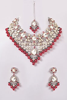 Black Rhodium Finish Kundan Polki & Red Pearl Necklace Set