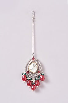 Black Rhodium Finish Kundan Polki & Red Pearl Necklace Set