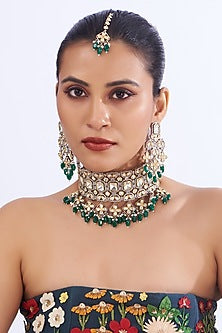 Black Rhodium Finish Kundan Polki & Green Pearl Necklace Set