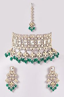 Black Rhodium Finish Kundan Polki & Green Pearl Necklace Set
