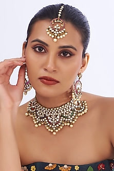 Gold Finish Kundan Polki & Navaratna Stone Necklace Set