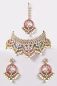 Gold Finish Kundan Polki & Navaratna Stone Necklace Set