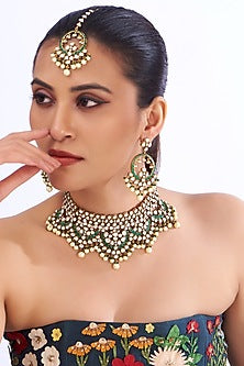 Gold Finish Kundan Polki & Green Stone Necklace Set
