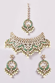 Gold Finish Kundan Polki & Green Stone Necklace Set