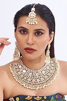 Gold Finish Kundan Polki & Pearl Necklace Set