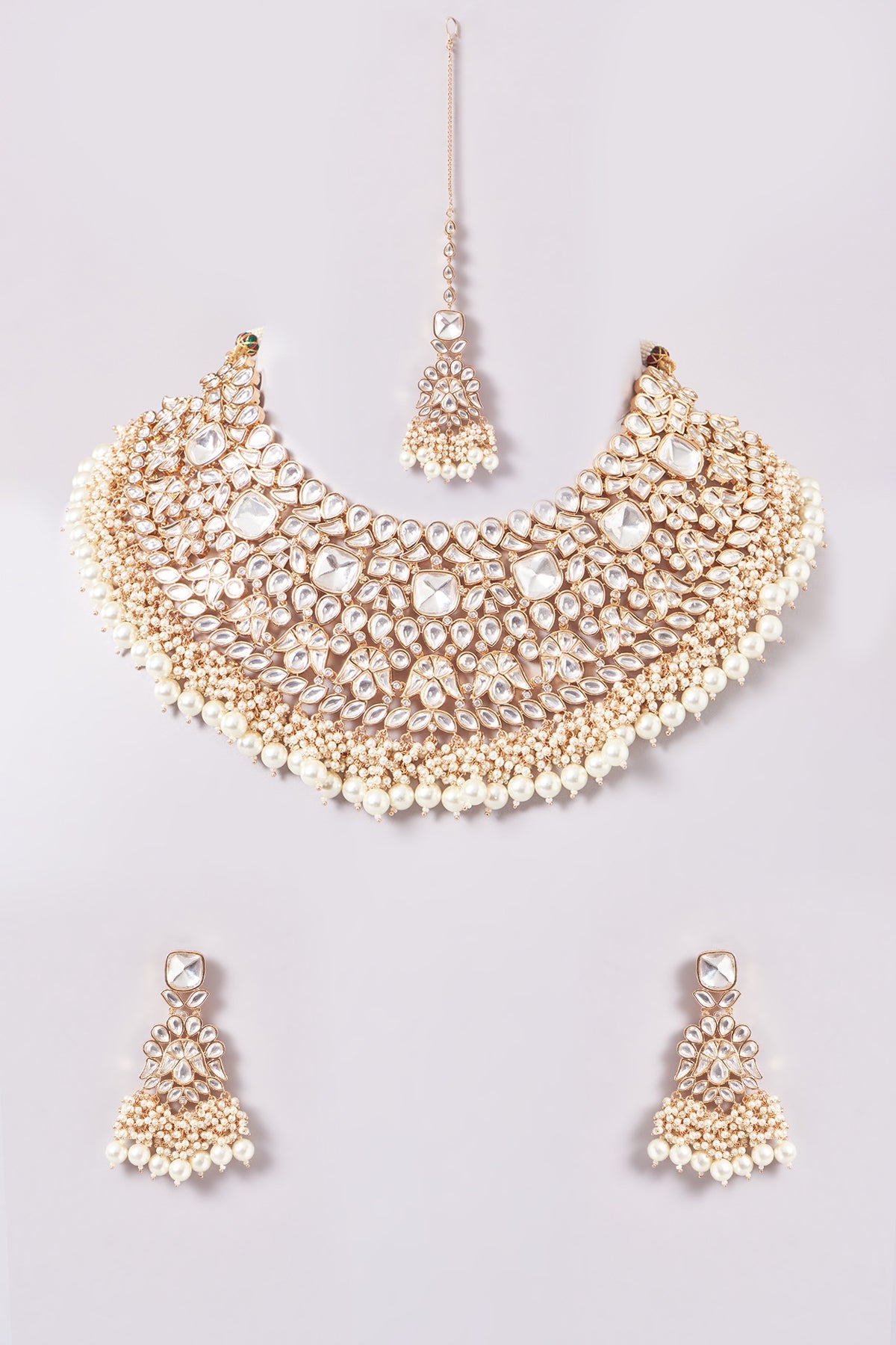 Gold Finish Kundan Polki & Pearl Necklace Set