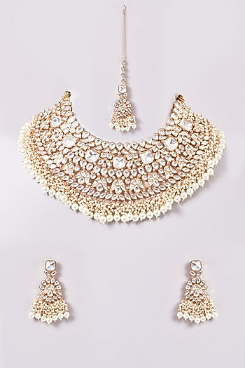 Gold Finish Kundan Polki & Pearl Necklace Set