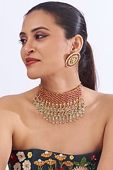 Gold Finish Red Kundan Polki & Pearl Choker Necklace Set