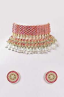 Gold Finish Red Kundan Polki & Pearl Choker Necklace Set