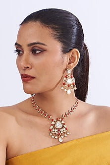 Gold Finish Red Kundan Polki & Coral Stone Necklace Set